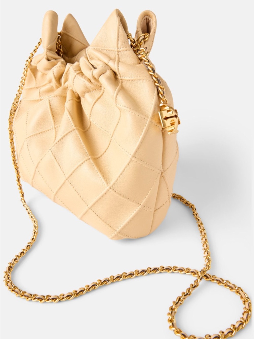 Tory Burch Quilted Ruched Leather Shoulder Bag in Beige with Gold Hardware - Picture 3 of 8